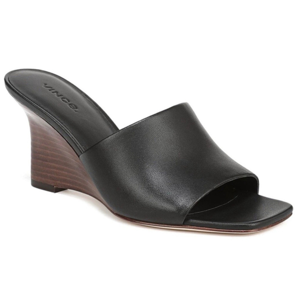 Vince Alora Block Heel Open Toe Leather Mule Sandals Black Women's 9.5